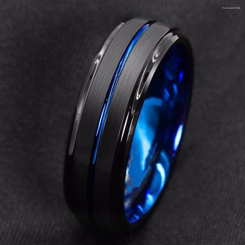 

Wedding Rings Titanium Ring For Men.Surface Black Blue Groove Inside Face Stainless Steel Ring.Highlight Man Temperament Light Luxury
