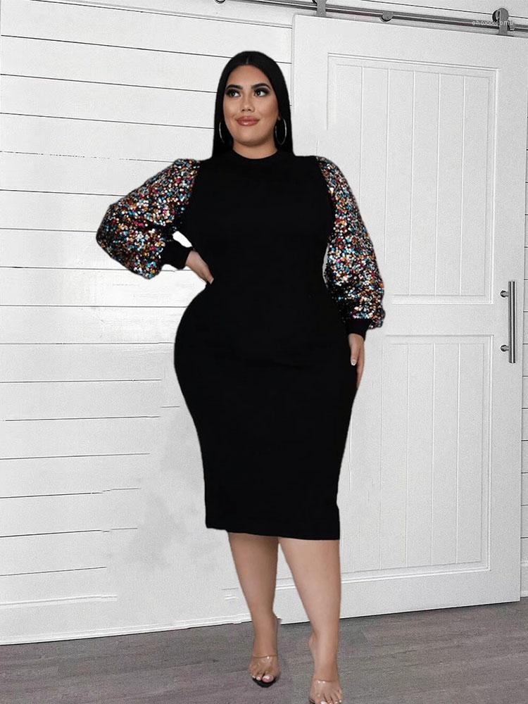 

Plus Size Dresses Puff Sleeves Midi Dress For Women 5xl Party Sexy Black Elegant Lady Sequin Wholesale Bulk Drop