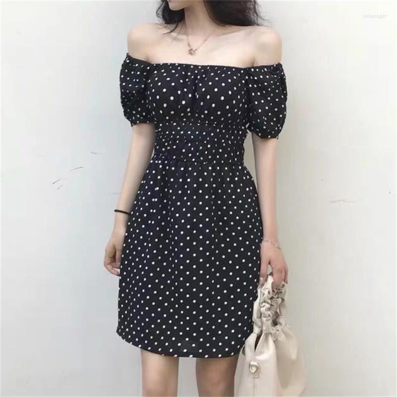 

Casual Dresses Mini Dress Women' Summer French Polka Dot Slim Off Shoulder Black Short Sleeve Ladies Clothing