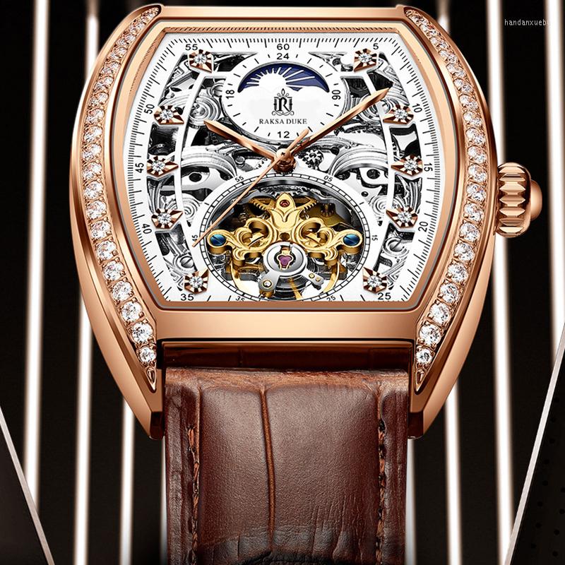 

Wristwatches RAKSADUKE Mechanical Automatic Watches Male Top Brand Hollow Carved Tourbillon Men Waterproof Watch Luxury Moon Phase Oval, Brown