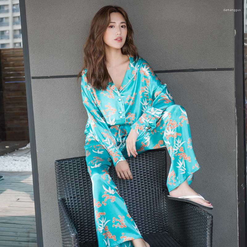 

Women's Sleepwear Two-Piece Bat Sleeve Wide-Leg Pants Women Pajamas Set Print Sexy Notched Satin Pyjamas Suit Summer Nightwear Home Wear, Color 1