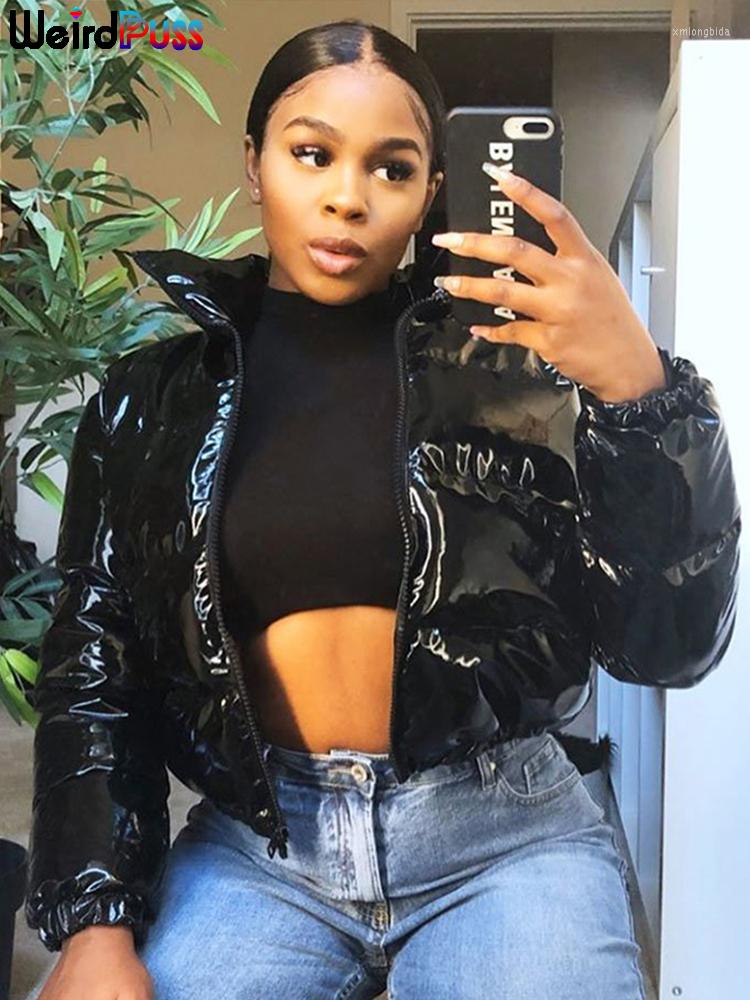 

Women' Trench Coats Weird Puss PU Leather Bubble Puffer Parkas Jacket Women Winter Turtleneck Long Sleeve Warm Short Coat Fashion Street, Black