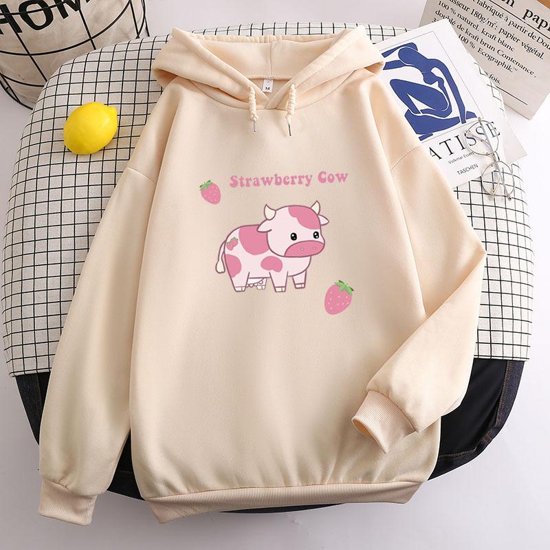 

Women's Hoodies Kawaii Kpop Strawberry Cow Hoodie Women's Oversized Sweatshirts Casual Versatile Cute Girls Long Sleeve Tops Winter, Cow 100