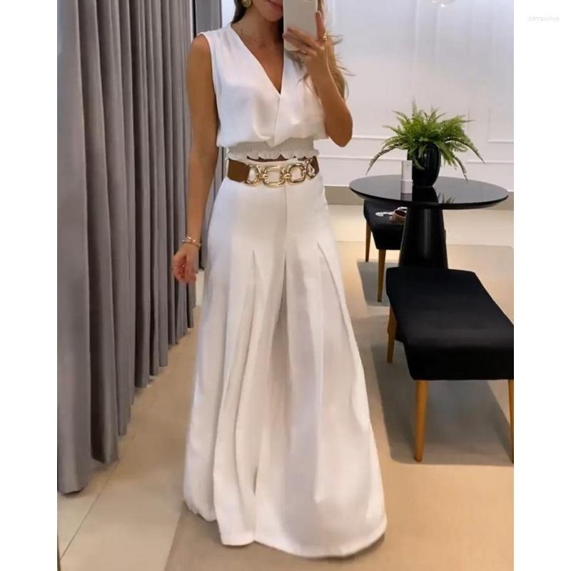 

Women' Two Piece Pants Summer Women 2 Pieces V-Neck Shirred Tank Top & Flared Set 2023 Femme Casual Solid Outfits Overalls Clothing, White
