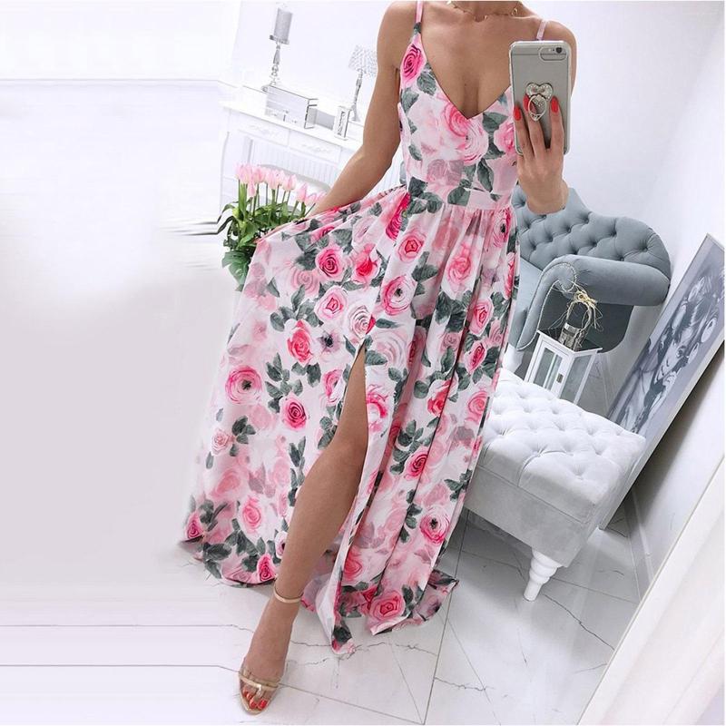 

Casual Dresses Rose Print V-Neck Slit Dress Floor-Length Summer Europe America Fashion Women' Clothing High Waist Elegant