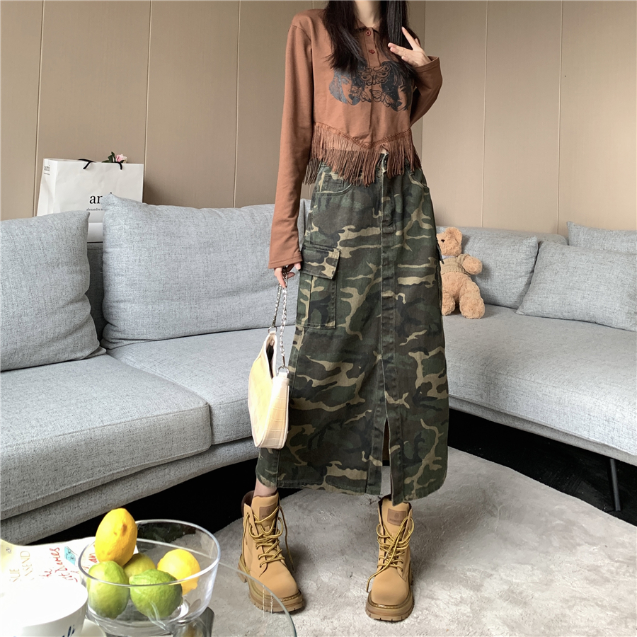 

Skirts Highwaisted Camouflage Skirt Women' Spring Summer Street Style Slits Show Thin Big Pocket Cargo Midlength Female 230217, Beige