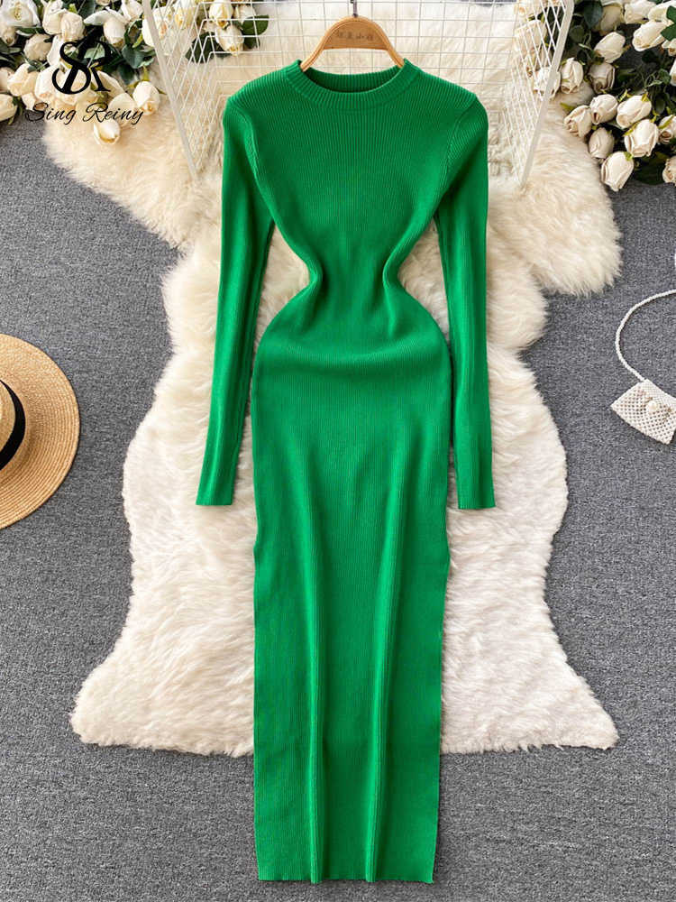 

Casual Dresses SINGREINY Autumn Senior Knitted Dress Women Long Sleeve Elastic Waist Split Sweater Dress Ladies Party Sexy Warm Long Dress Z0216, Orange