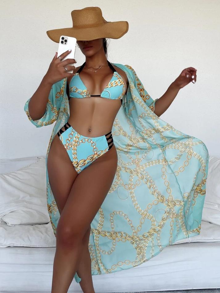 

Women' Tracksuits 2023 Ladies Temperament Sexy Fashion Leisure Beach Holiday Print Triangle Coat Bikini Three-Piece Set