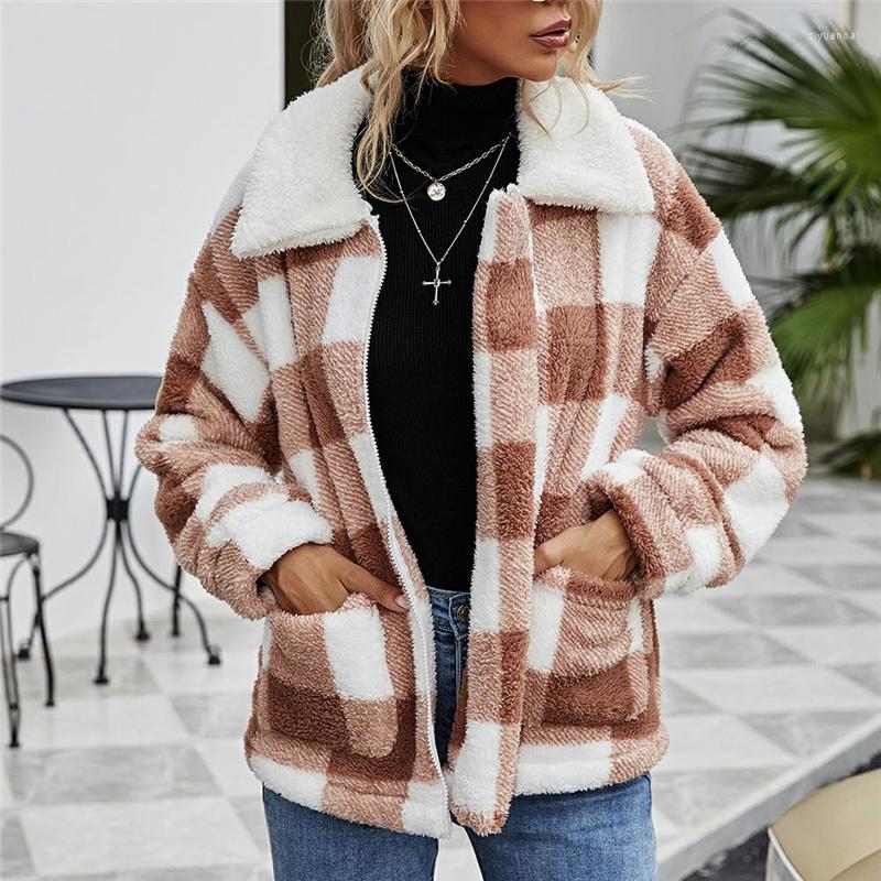 

Women' Jackets Puloru Women Thermal Coats Autumn Winter Plaids Zip Up Lapel Long Sleeve Fleece Outerwear With Pockets Casual Warm Jacekts, Black
