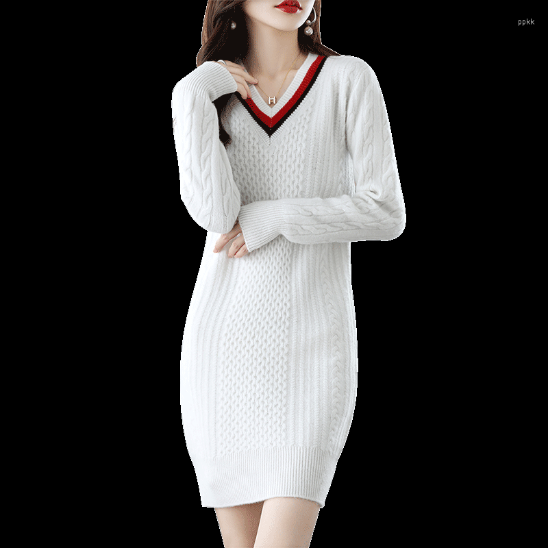 

Skirts Color Matching V-Neck Wool Mid-Length Sweater Skirt Women' Pullover Knitted Dress Sexy Hip Autumn Winter Ladies' Clothing, Red