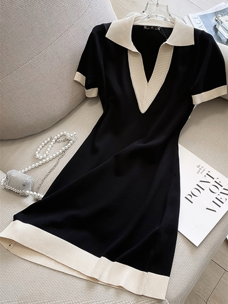

Casual Dresses POLO Collar Short-sleeved Knitted Black Dress Summer Hit Color Straight Loose V-neck T-shirt Short Skirt Base Layer Shirt 230217