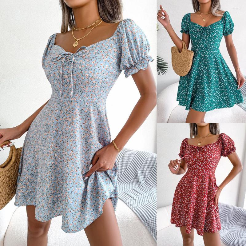 

Party Dresses Spring And Summer Women' Casual Flare Sleeve Drawstring Lace-Up Floral Dress Fashion Elegant Female & Lady Clothi