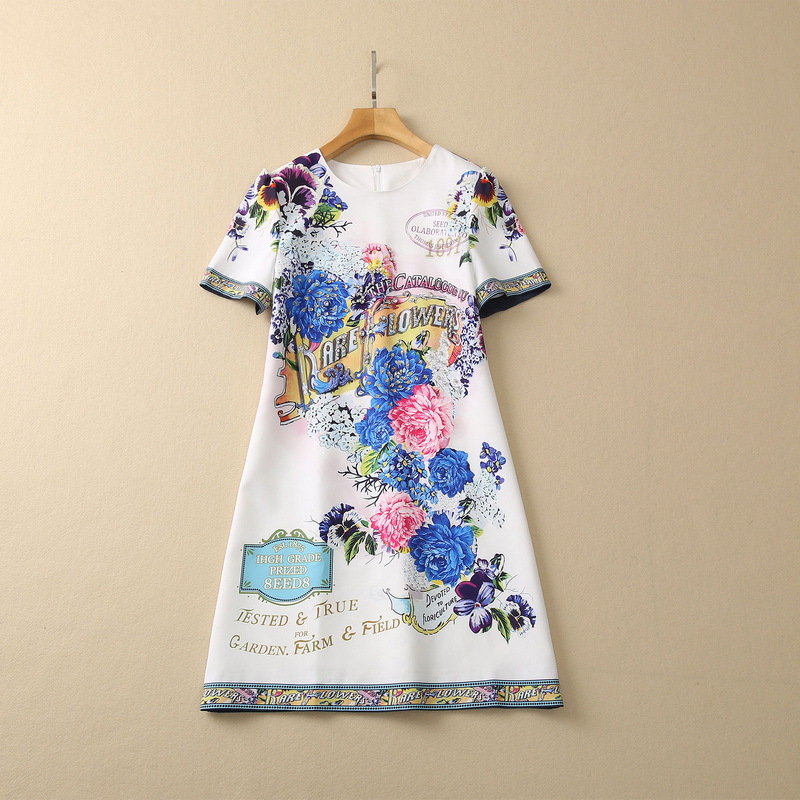 

2023 Spring White Floral Print Beaded Dress Short Sleeve Round Neck Rhinestone Short Casual Dresses S3F131624