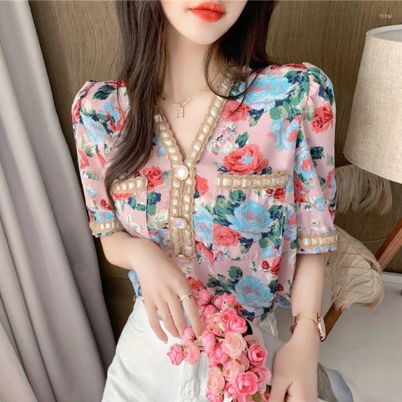 

Women's Blouses 2023 Summer Chiffon T-Shirt Women Short Sleeve Floral Top Ladies Sweet V-neck Printing Shirts, Pink