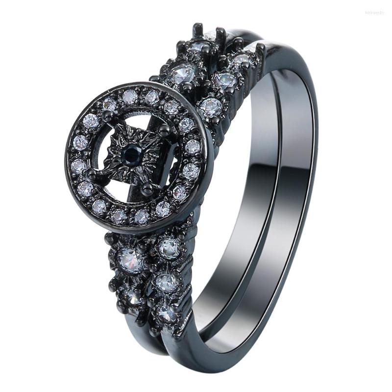 

Wedding Rings Classic Round Shape Cubic Zirconia 2 Sets Black Gold Color Party Jewelry For Women Gift