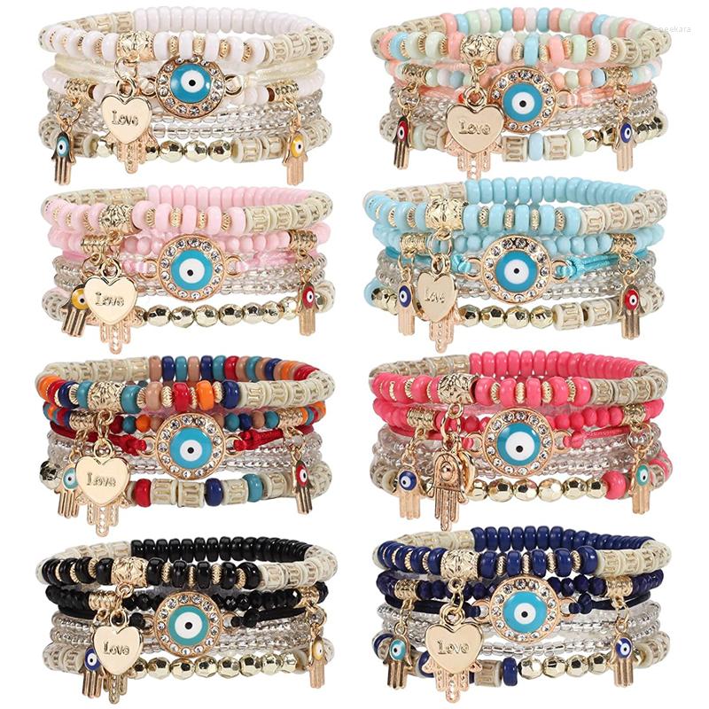 

Strand Bohemia Style 6Pcs/Set Handmade Multi-layer Beaded Bracelet For Women Devil's Eye Palm Love Pendant Fashion Jewelry