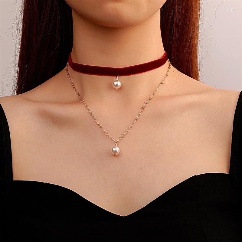 

Choker Korean Fashion Pearl Necklace France Classic Cute Velvet Double Layer Chain Pendant For Women Jewelry Girl Gift
