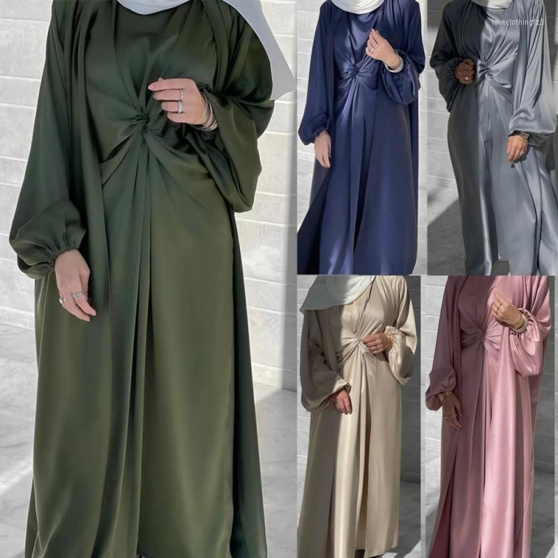 

Ethnic Clothing Solid Color Satin Long Sleeve Abaya Open Front Dress Turban Scarf 3 Piece Set Elegant Dubai Women Cardigan Robe Kaftan Suit