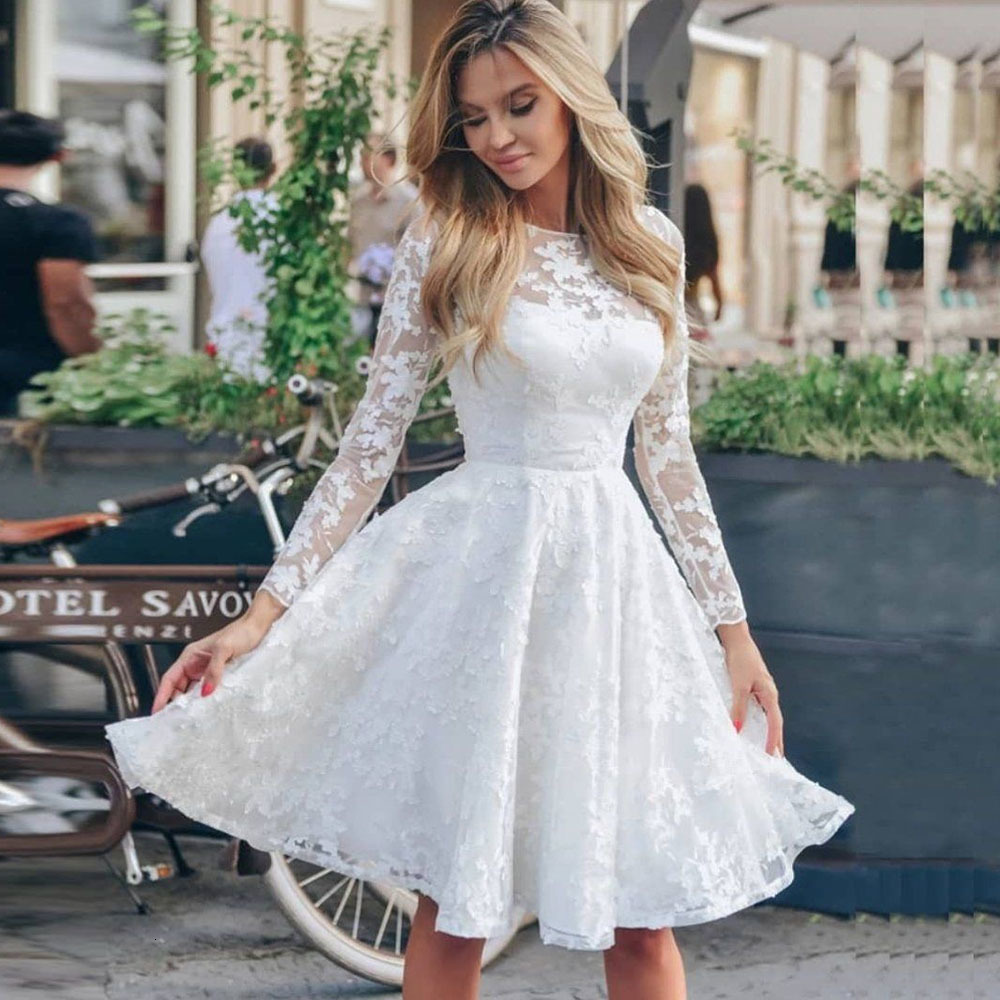 

Casual Dresses Women Midi Sexy White Lace Hook Flower Hollow Patchwork Boho Long Sleeve For Femme Wedding Party Robe 230217, White 2