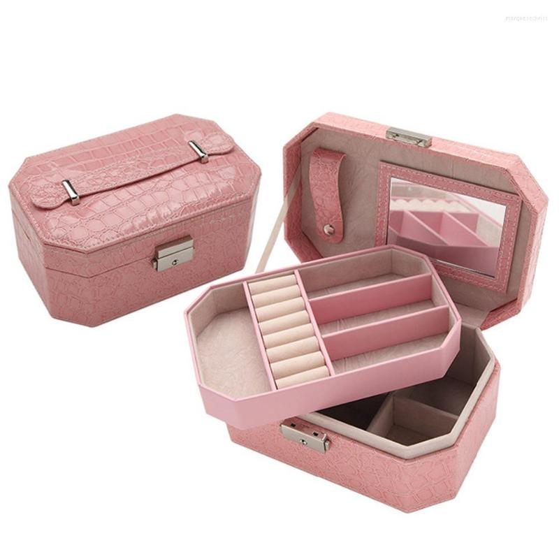 

Jewelry Pouches Portable Octagonal Box Two Layers Creative PU Cosmetic Makeup Organizer Crocodile Wedding Storage