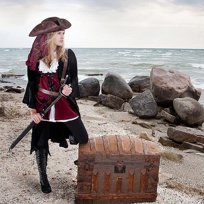 

Berets Unisex Adults Pirate Hat Vintage Faux Leather Button Closure Colonial Style Tricorn For Man And Women Pu Pirates Cap, Auburn