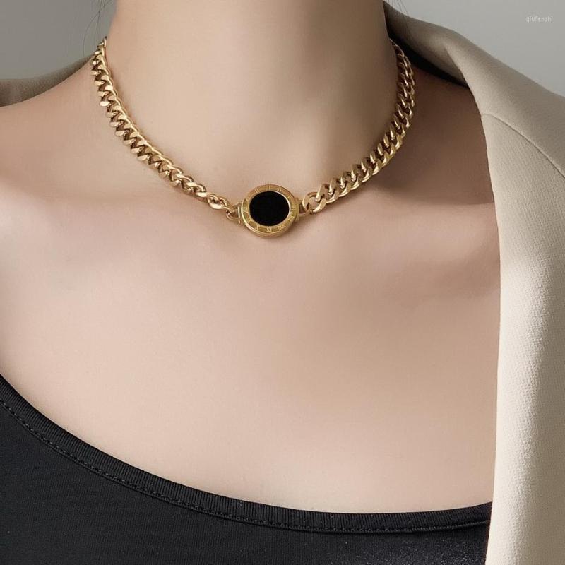 

Pendant Necklaces Gold Plated Exaggerated Double Sides Thick Chain Titanium Steel Necklace Personality Clavicle Fashion Sweater Woman