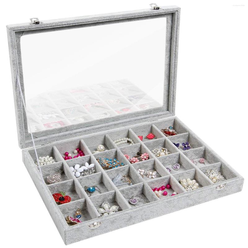 

Jewelry Pouches 24 Grid Tray Showcase Display Storage Earring Stand Silver Box