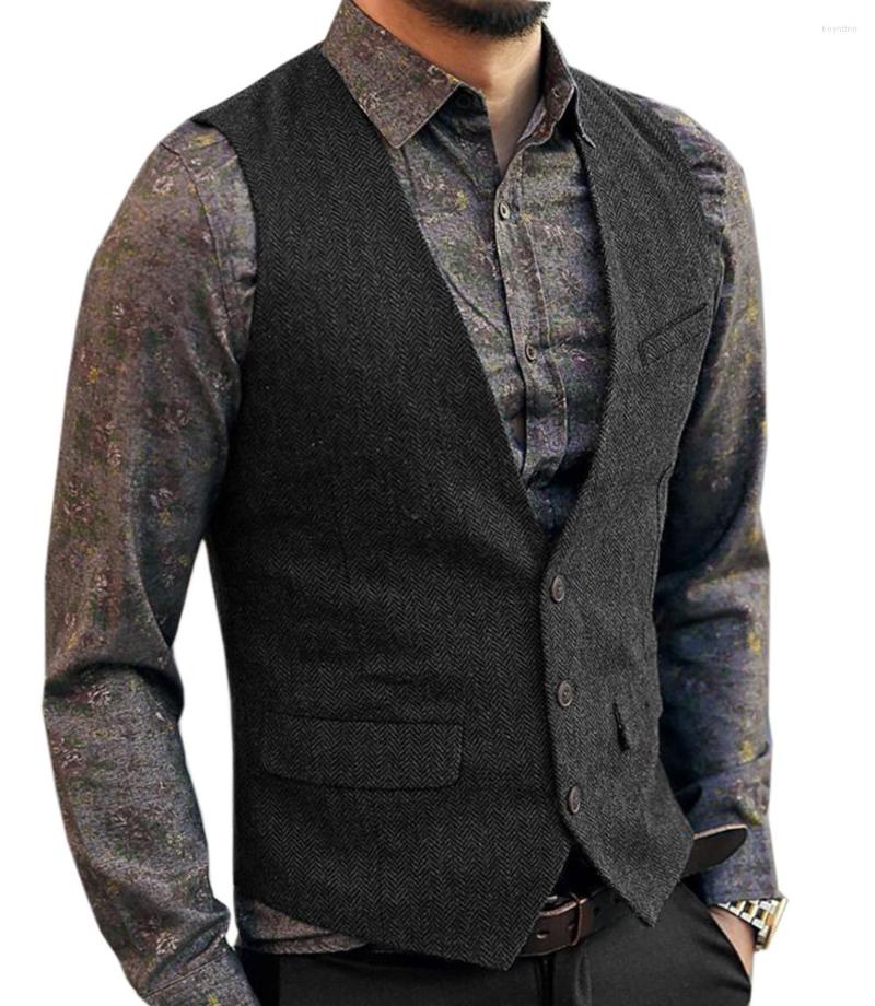 

Men's Vests Men's Herringbone V-neck Suit Fashion Formal Slim Fit Business Dress Waistcoat For Tuxedo Real Pockets, Brown