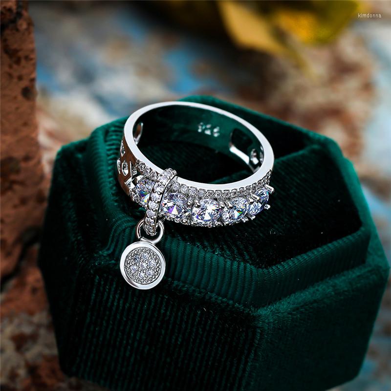 

Wedding Rings Female Luxury White Crystal Pendant Ring Charm Bridal Promise Round Engagement Vintage Silver Color For Women