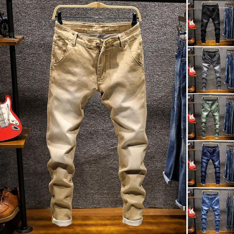 

Men's Pants Slim Fit Mid Waist Pockets Jeans Solid Color Dress-up Men Trousers Casual Zipper Button Straight Men's Clothing, Khaki