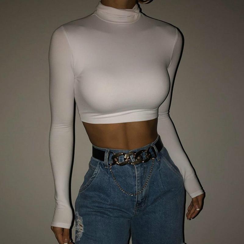 

Women' T Shirts Female Fall Spring Tee Tops Long Sleeve High Collar Slim Stretch Crop Top Pullovers Women Basic Casual Stylish T-shirts  M, Black