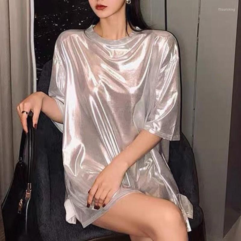 

Women's T Shirts 2023 Spring Glittering T-shirt Trendy Brand Mid-length Loose Women Men Unisex Hip-hop Short-sleeved O-neck Casual Tops Tees, Gray