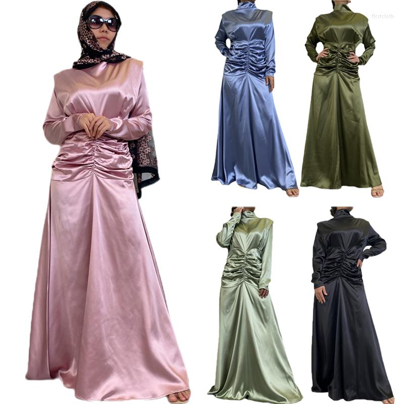 

Ethnic Clothing Elegant Slim Satin Women Long Dress Pleated Waist Turkish Abayas Arabic Dubai Caftan Muslim Maxi Robe Islam Moroccan