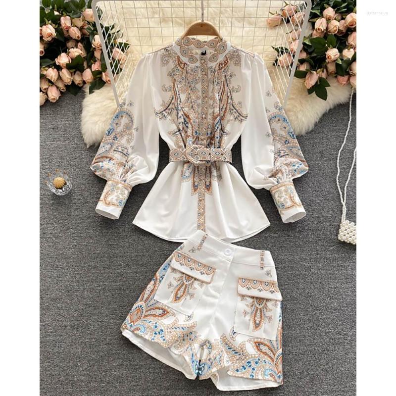 

Women' Tracksuits Autumn Women Two Pieces Set 2023 Femme Casual Lantern Sleeve Paisley Print Belted Top & Shorts Elegant Lady Clothing, Ivory