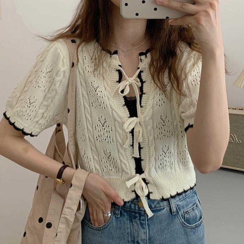 

Women's Knits LJSXLS Summer Sweet Hollow Out Lace Up Thin Sweater Women Knitted Short Sleeve Blue Casual Tops Basic Women's Clothing, Green