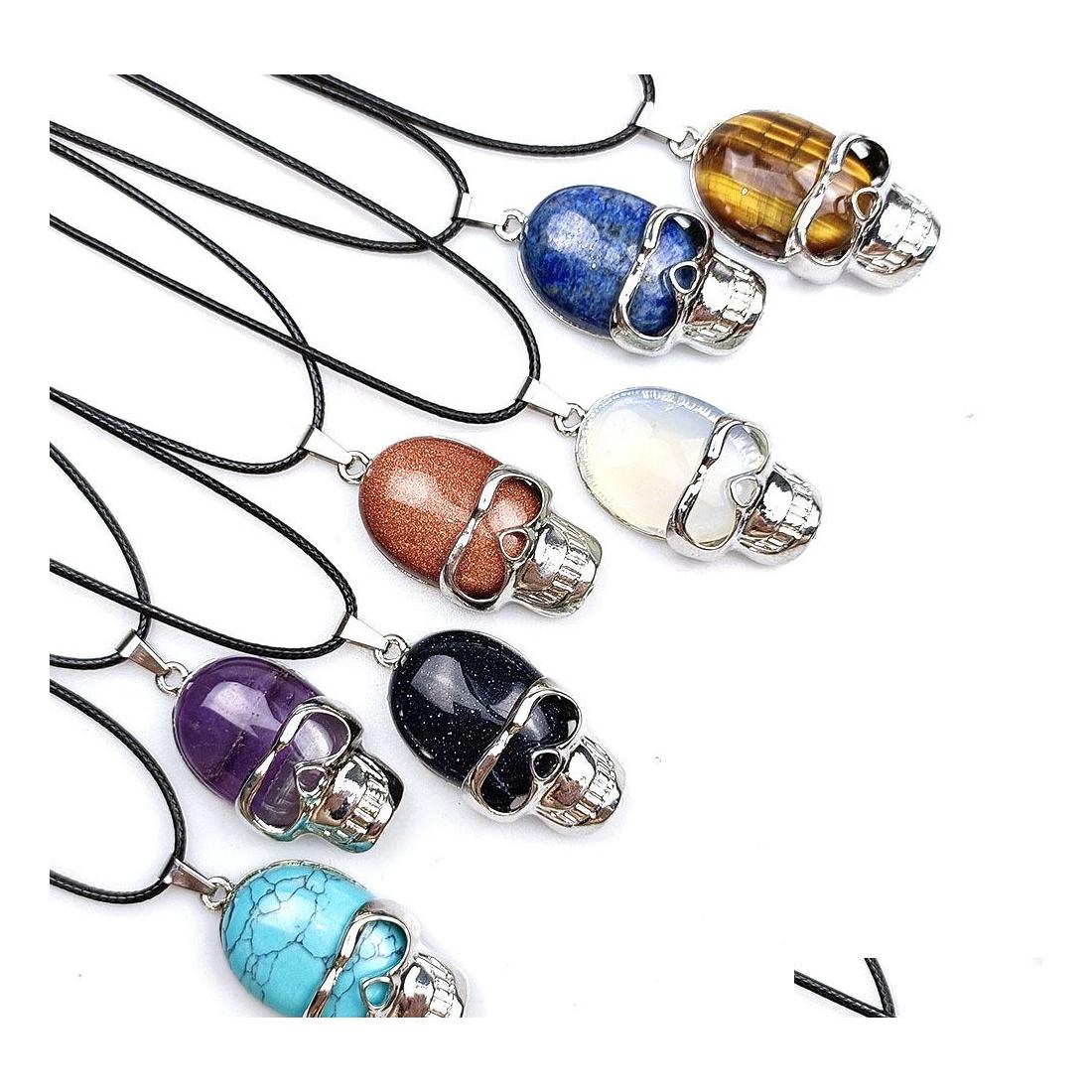 

Pendant Necklaces 22X42Mm Natural Stone Crystal Skl Necklace Amethyst Blue White Quartz Chakra Healing Jewelry Sexyhanz Drop Deliver Dhz2Z