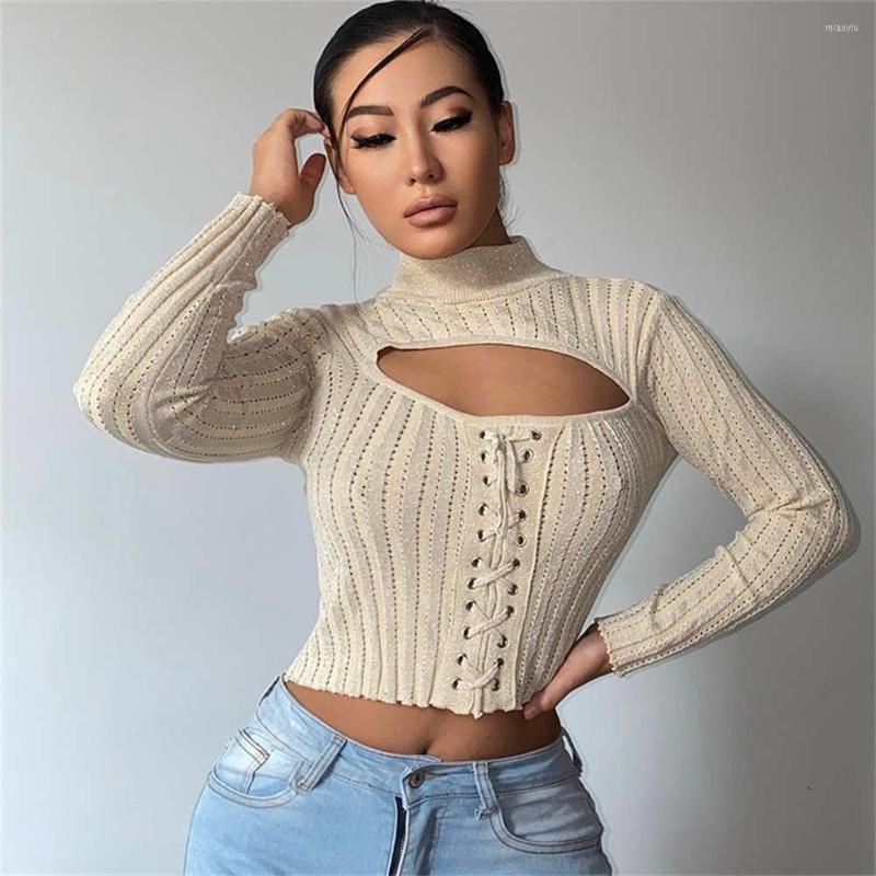 

Women's Tanks 2023 Women Sexy Long Sleeves Knitted Sweater Bandage Crop Top Hollow Out Lace Up Fashion Tops Cropped Club Streetwear, Beige