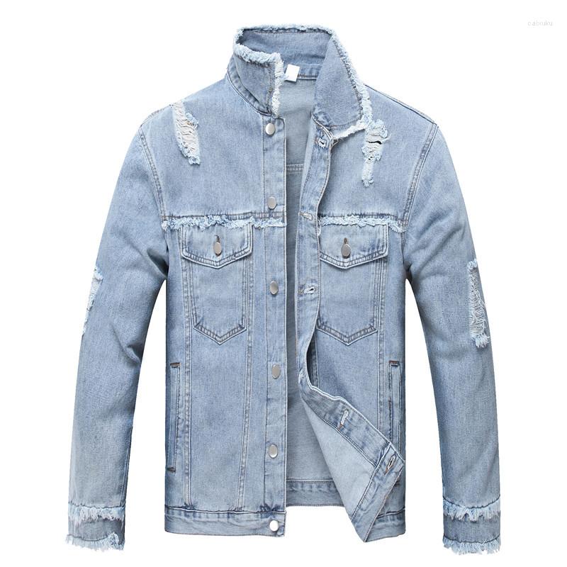 

Men' Jackets EBAIHUI Ripped Mens Jacket Spring And Autumn Solid Loose Chic Denim Male Turn-down Collar Streetwear For Men, Blue