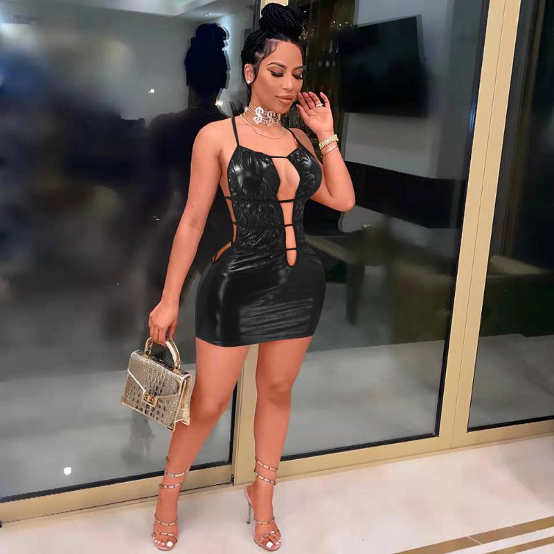 

Casual Dresses Sexy Women Dress Pu Leather Bandage Cross Hollow Out Solid Color Party Night Clubwear For Vestidos, Black