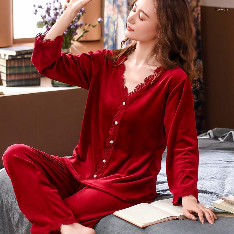

Women's Sleepwear Women Clothes For Home Winter Red Two Pieces Lace Sexy Nighty Autumn And Velvet Women's Long-Sleeved Loose Cardigan, Black