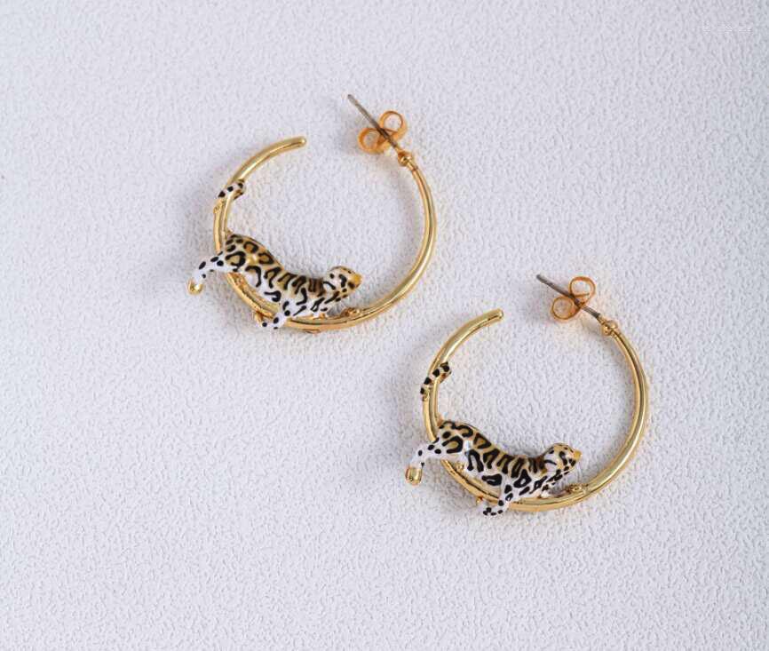 

Stud Earrings Hand Painted Enamel Glaze Cute Cheetah Hoop Women's Jewelry