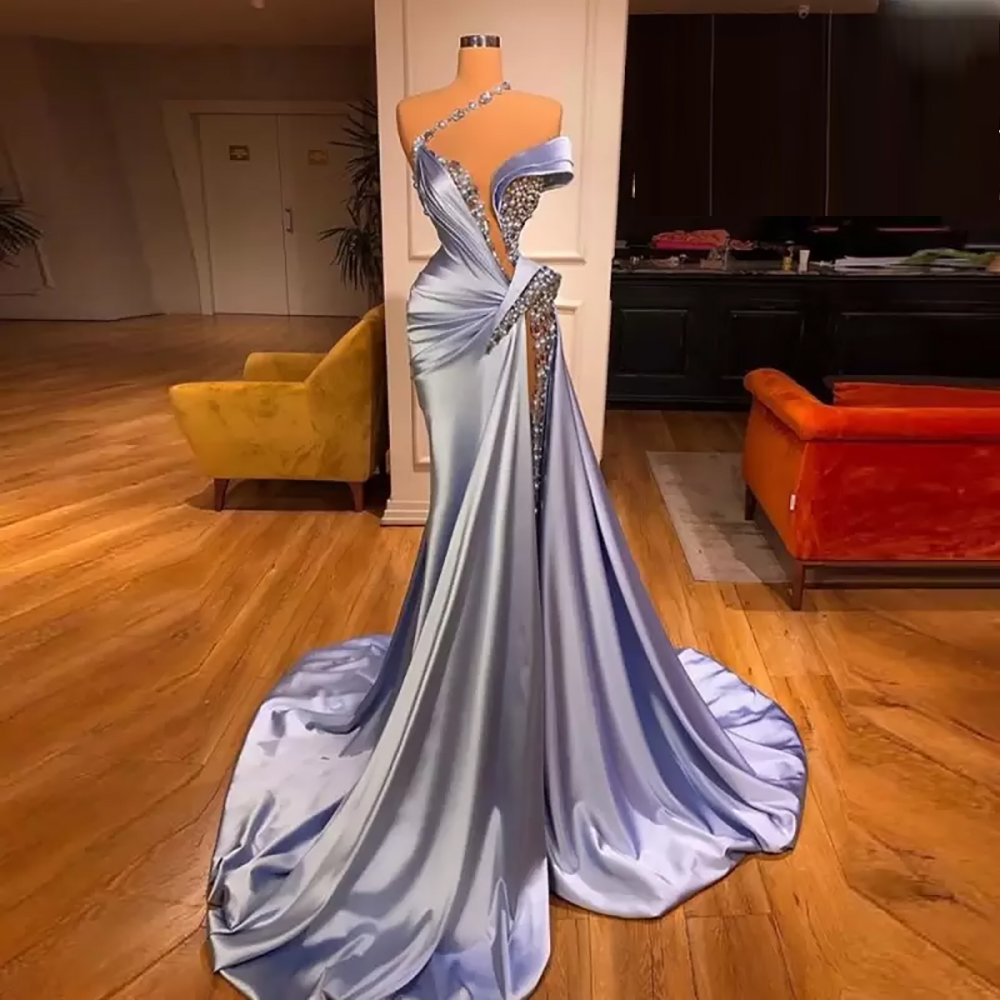 

Sky Blue Mermaid Evening Dresses Ruffles Pearls Beaded Elegant Court Train Sleeveless Prom Gowns Plus Size Robe De Soiree Formal Party Dress, White