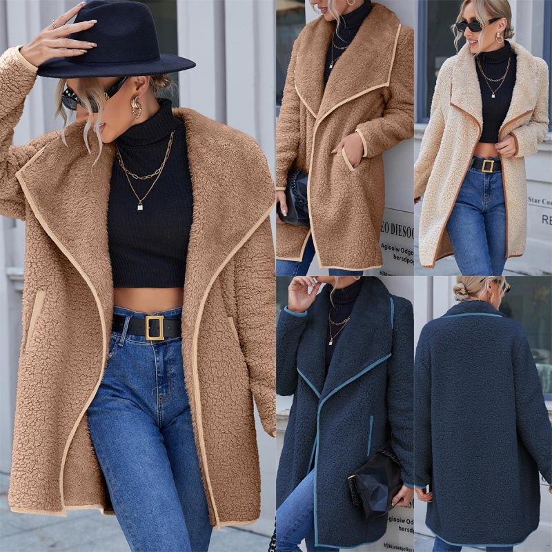 

Women' Wool & Blends Female Woolen Coat Contrast Color Turn-Down Collar Long Sleeve Cardigan Jacket For Winter, Beige