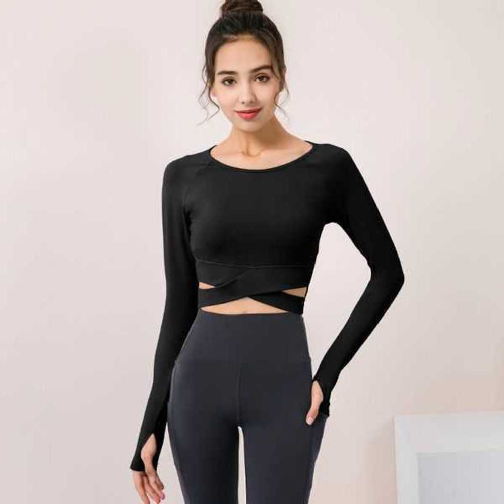 

Ga Wear Long-sleeved Female Slim Sports Running Fitness Clothing with Chest Pad Elastic Tightszyo9zyo9, Black
