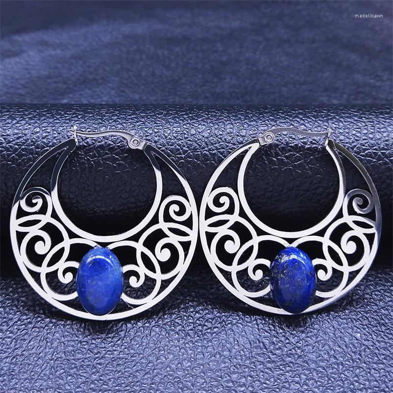 

Stud Earrings Bohemia Yoga Flower Lapis Lazuli Stainless Steel Big Hoop Earring Silver Color Basket Circle Jewelry E9355S04
