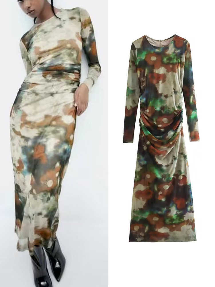 

Casual Dresses TRAF 2022 Women Tulle MidCalf Dresses Spring Elegant Oneck Slim Party Sexy Vestidos Fashion Long Sleeve Back Zipper Dresses Z0216