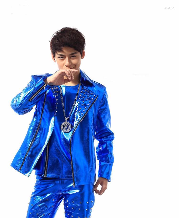 

Stage Wear Men Blue Rivet Faux Leather Suits Dancer Singer Performance Show Bar Nightclub Costume Outfits Set(Jacket Pants Vest)
