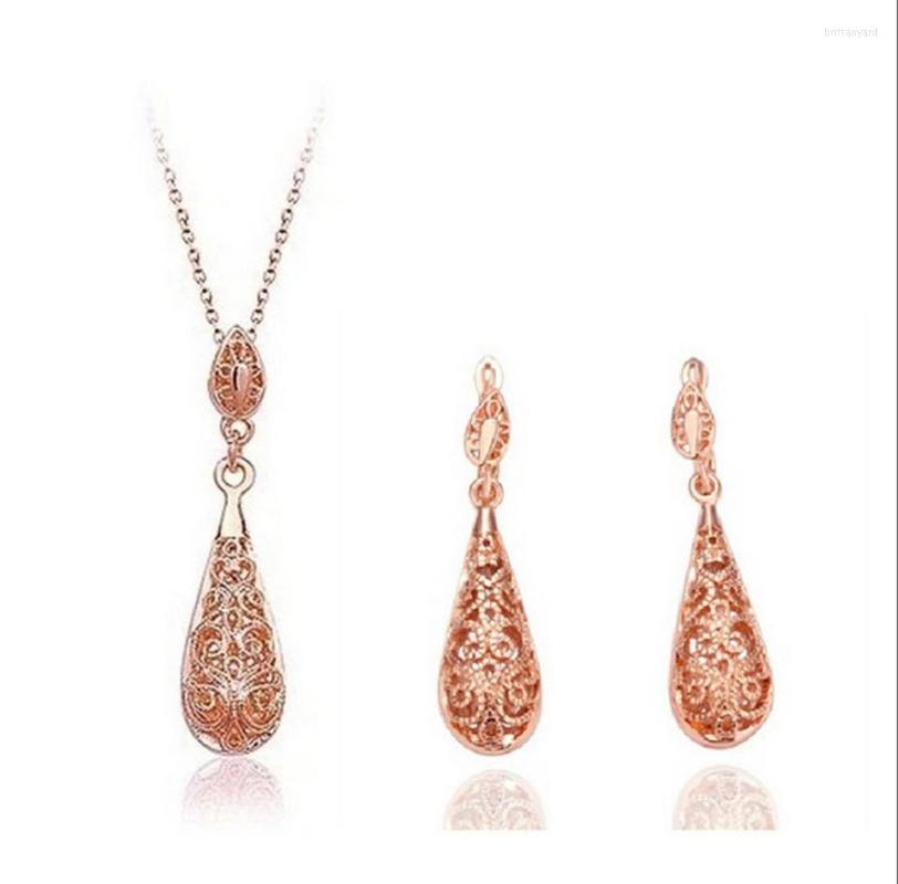 

Necklace Earrings Set Fashion Hollow Out Figure Gold-color Water Drop Pendant Costume Jewelry And Vintage, Picture shown