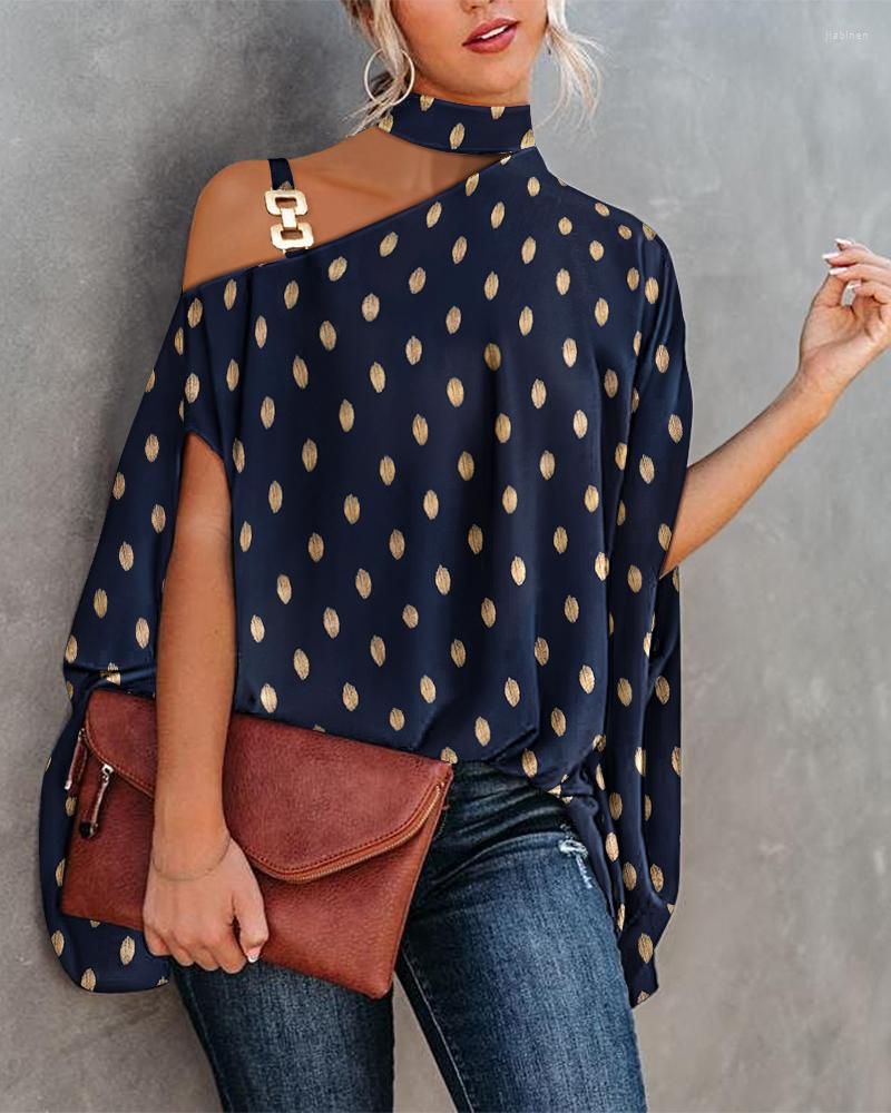 

Women' Blouses 2023 Summer Women Metallic Polka Dot Chain Strap Cold Shoulder Femme Casual Batwing Half Sleeve Top Lady Daily Street, Black