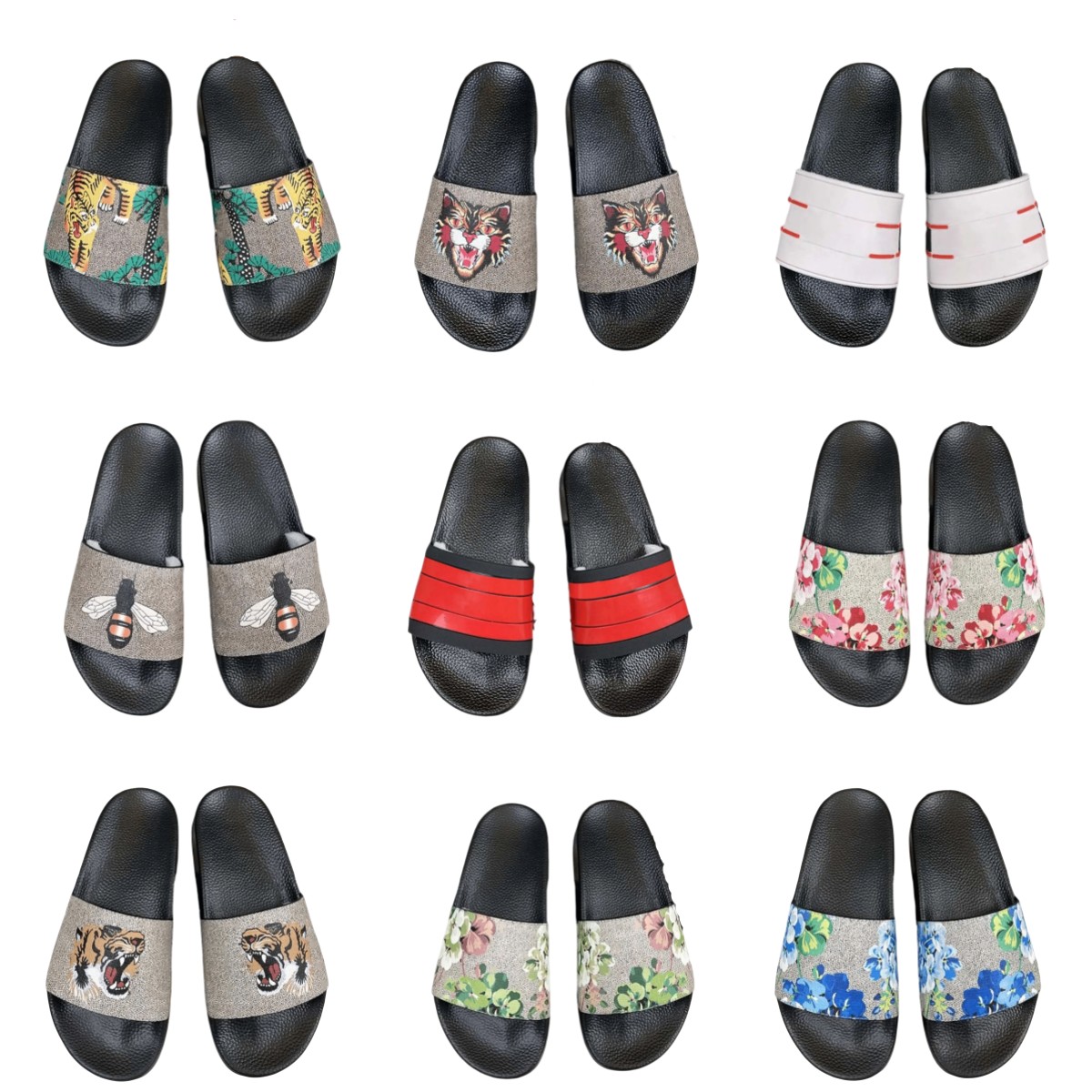 

Fashion sandals Slides Designer Slippers beach Women Mens shoes Flat Flops flowers summer Rubber Sandal Blooms Red White Web Flower black floral size, Custom